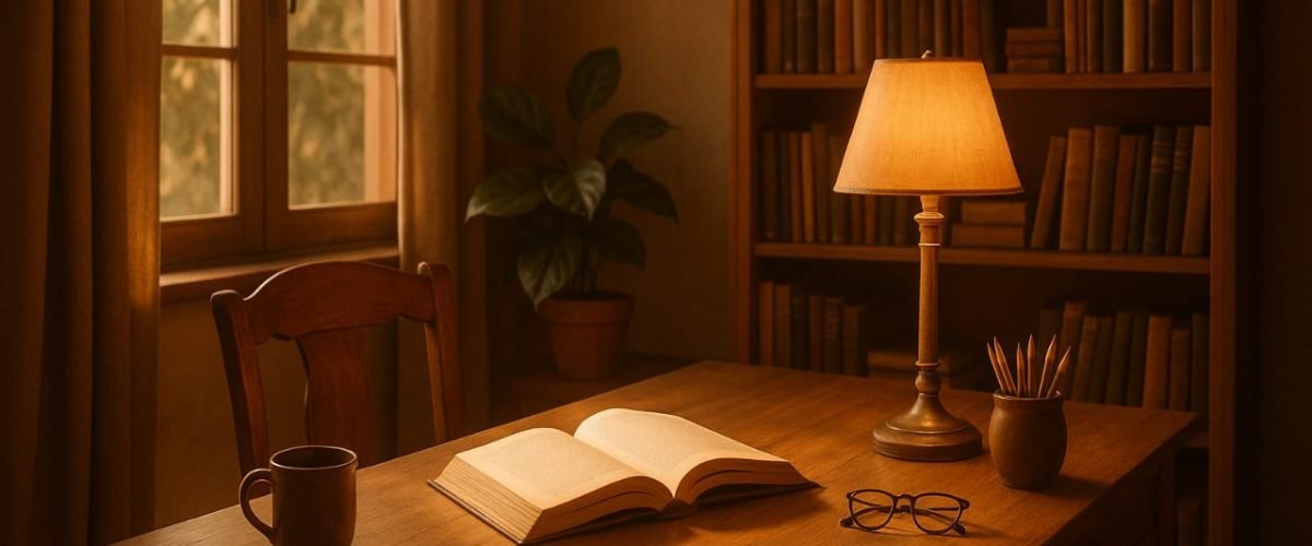Warm Home Study Background – Vidhyagharse Home Tutors Warmly lit home study table with books and lamp representing a peaceful tutoring environment for Vidhyagharse Students.